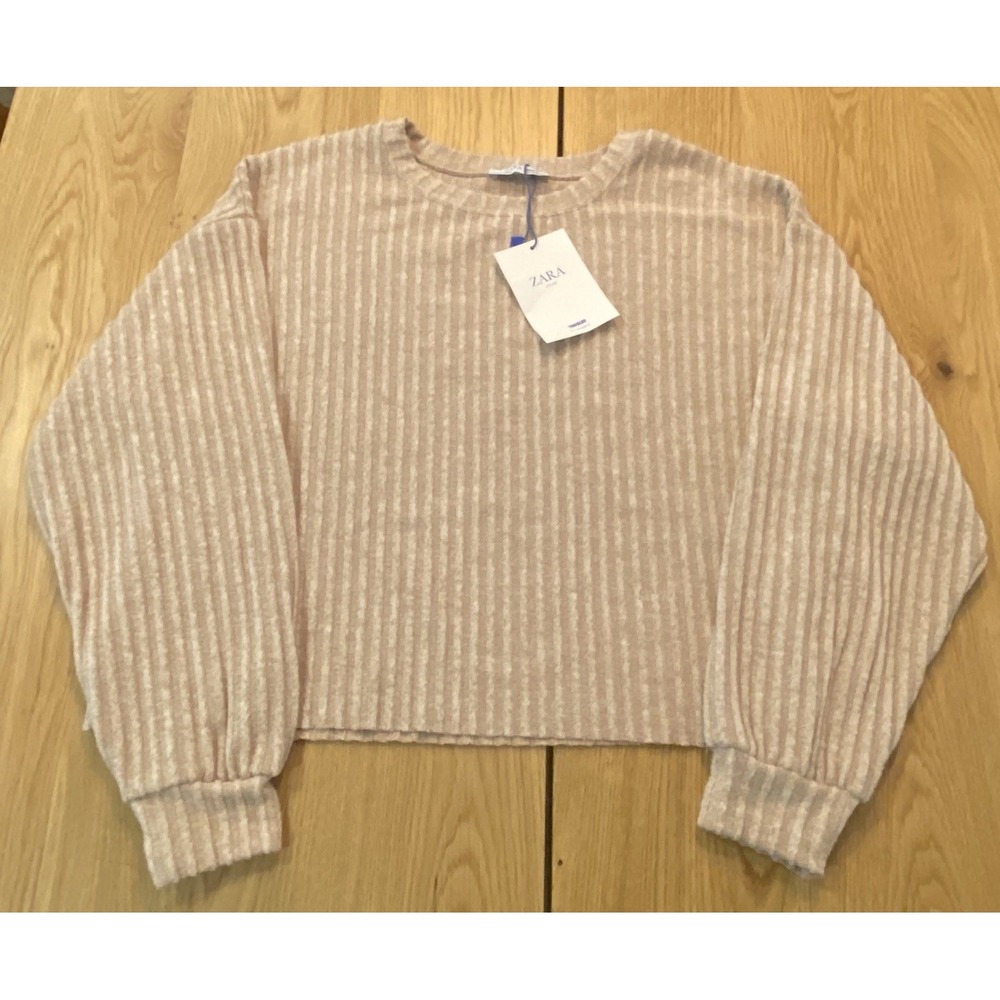 Zara Trafaluc Sweater‎ Retro Womens Small Loose Ribbed Cropped Oatmeal Brown NWT